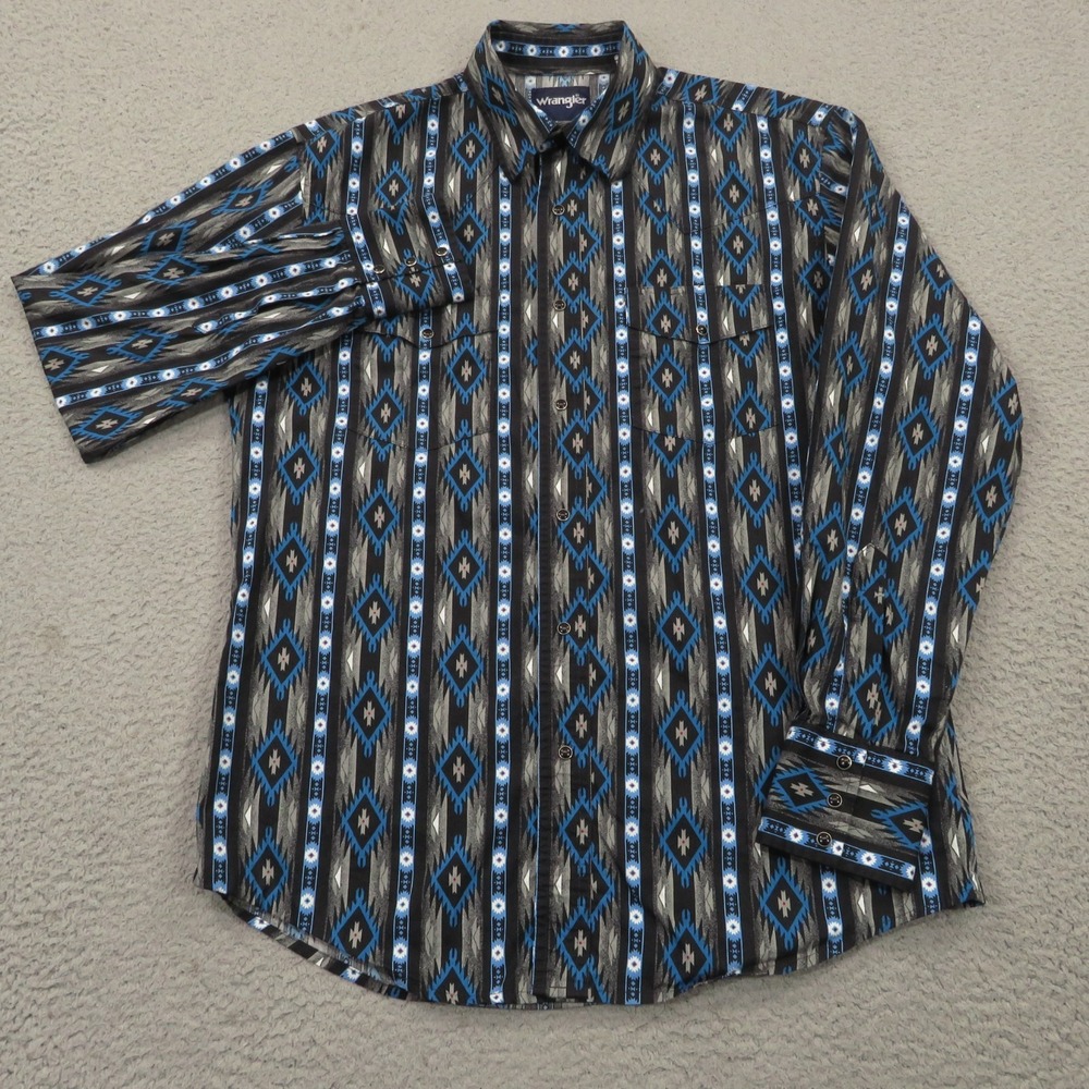 Wrangler Mens Medium Black Pearl Snap Brushpopper Aztec Western Rodeo Shirt